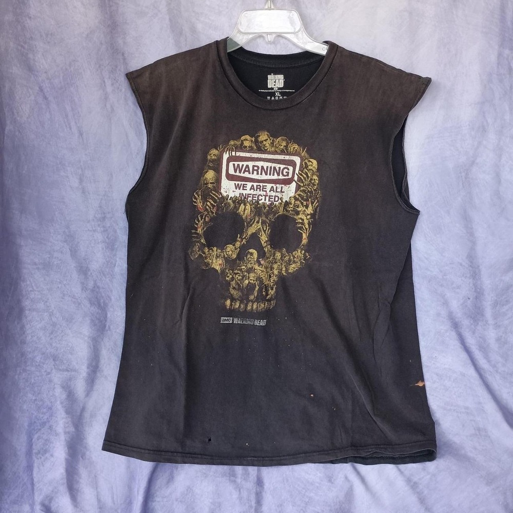 Walking Dead Warning We Are All Infected Skull Graphic Cut Off Sleeveless Tee